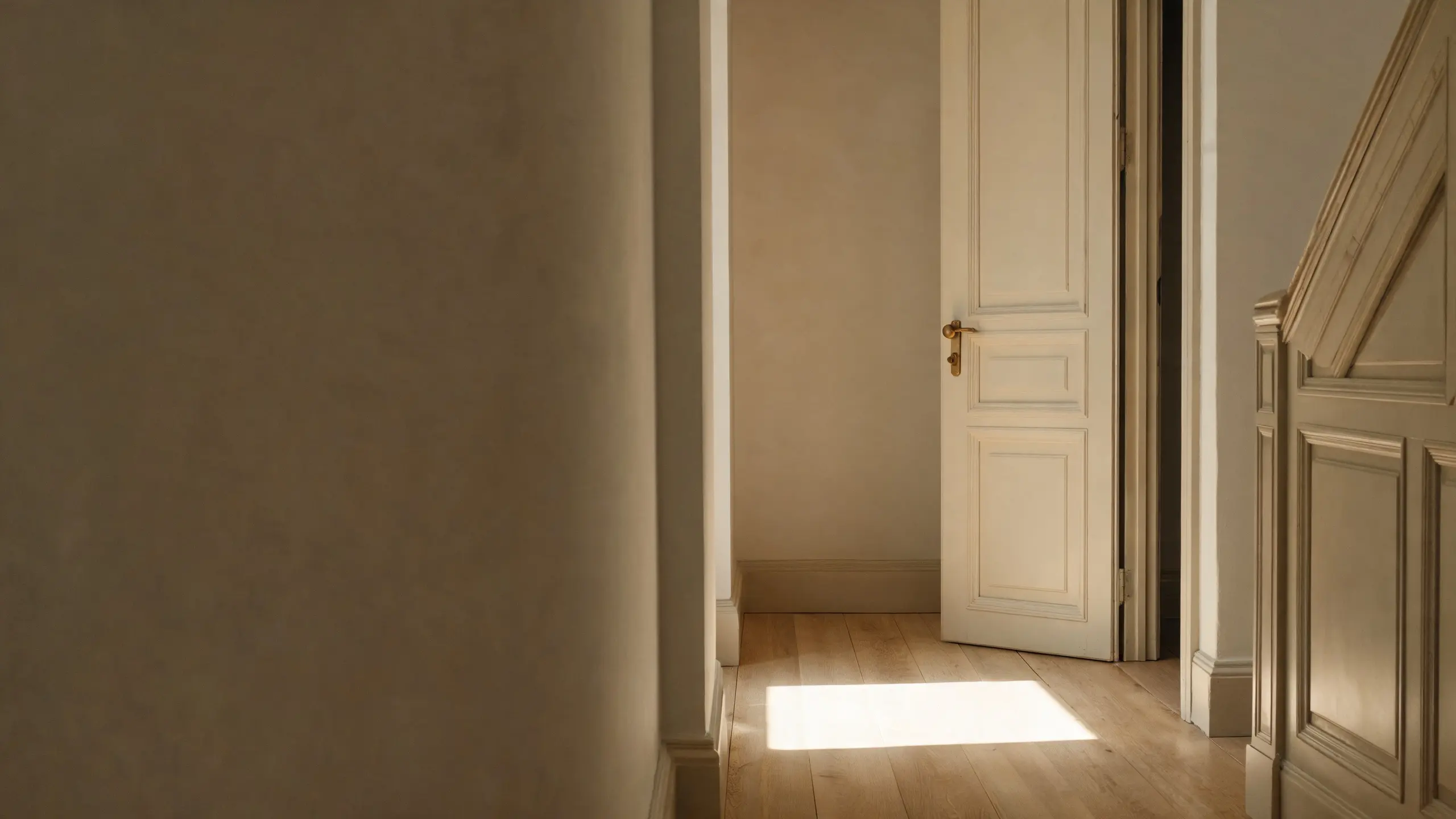 A hallway in a period Dublin house, pale floorboards with daylight lying across them