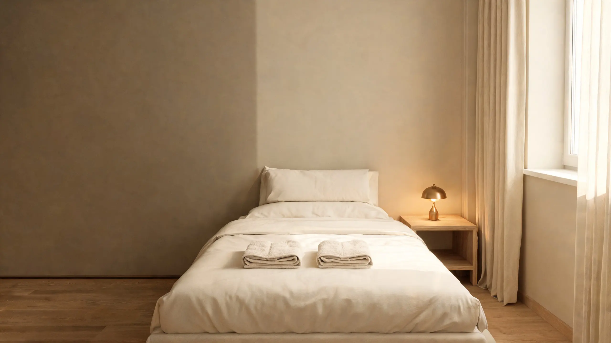 A short-let bedroom made up for arrival, bedding pulled tight and towels folded at the foot