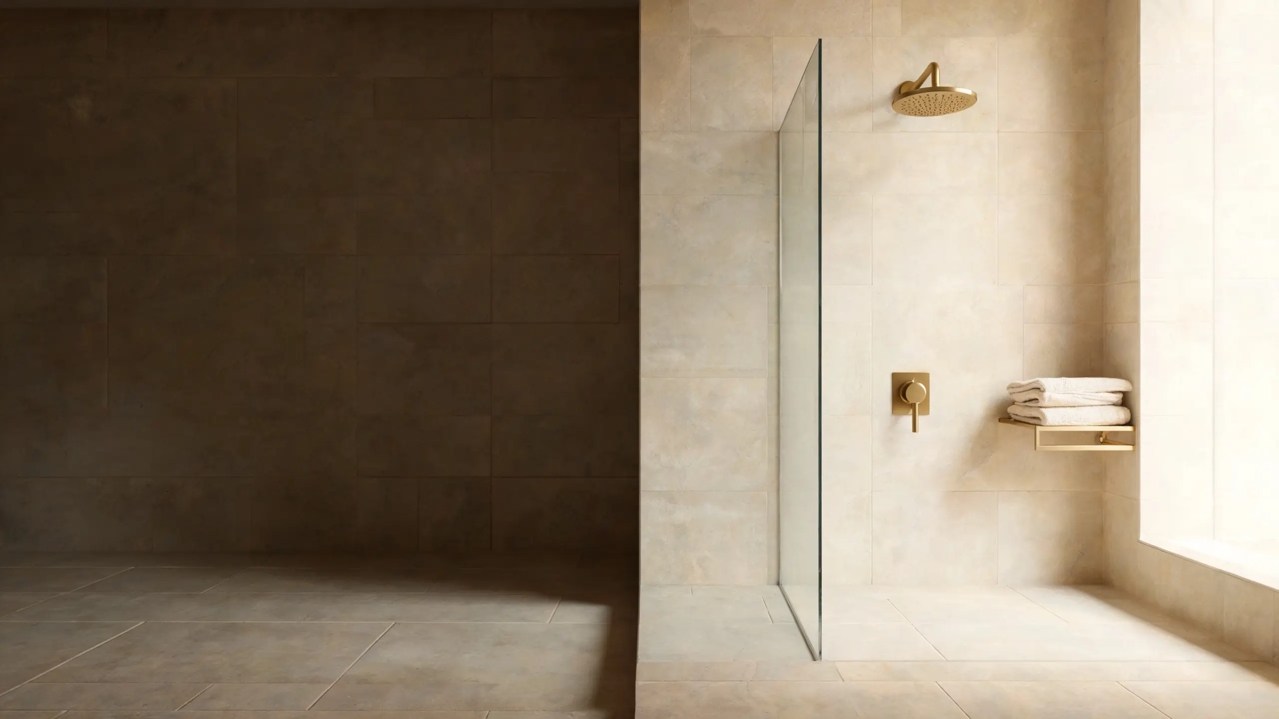A bathroom in pale stone with a clear glass shower screen and brass fittings
