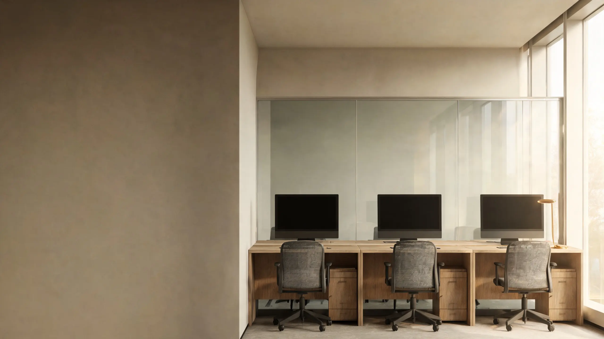 A small office out of hours, desks clear and chairs pushed in