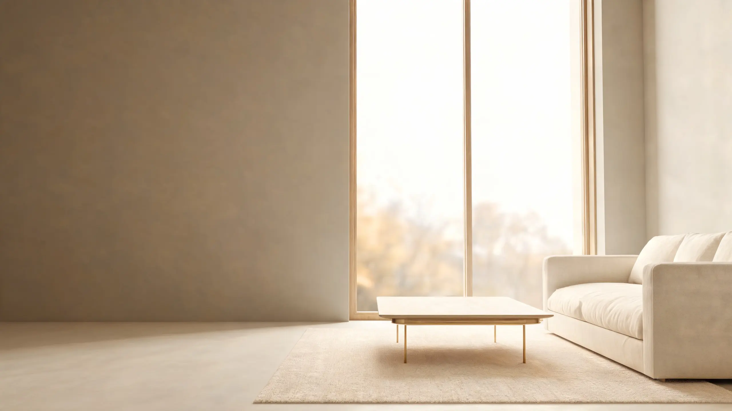 A living room in warm neutral tones, surfaces clear, a tall window behind