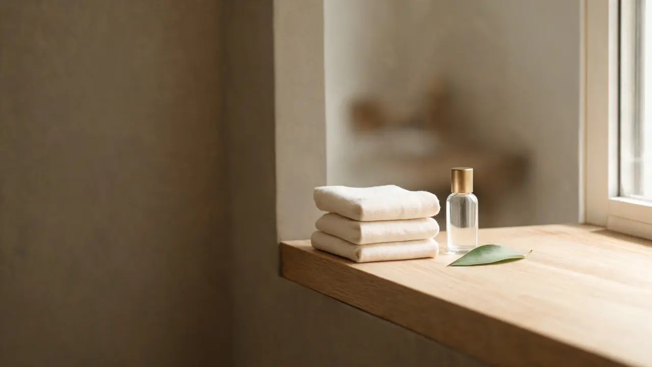 Folded cream cloths and a small glass bottle on a windowsill in soft daylight