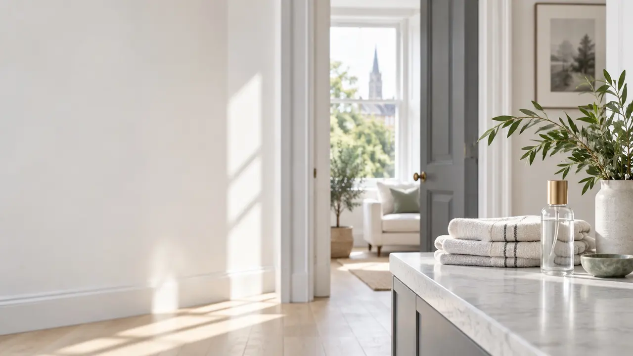 A bright, tidy home interior with folded linens and a small cleaning bottle in soft daylight